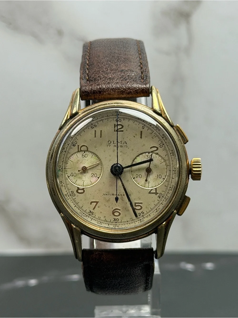 Vintage Olma Swiss Chronograph Manual Wind Gold Plated Watch Running